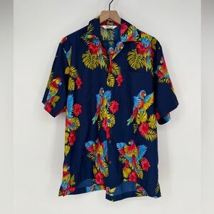 Alvish Hawaiian Navy Blue Shirt Floral Beach Parrot Short Sleeve Top Size L